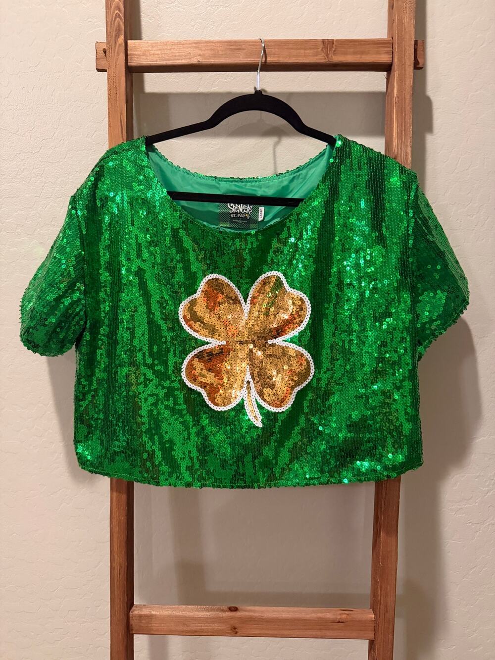 St. Patrick’s Day Green Sequin Shamrock #17 Crop Top Large- Spencer’s